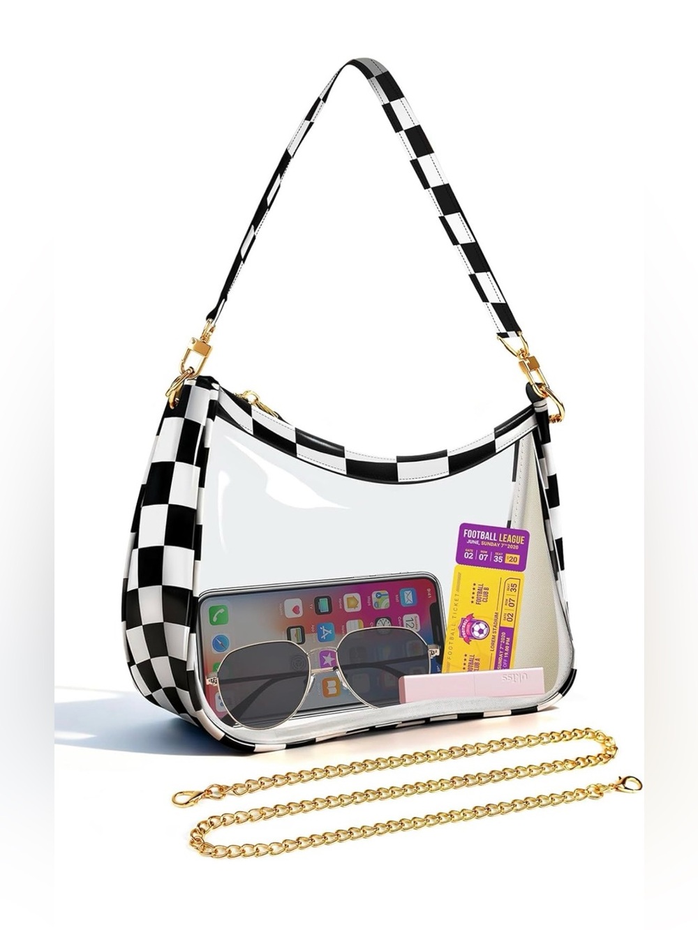 Clear & Checkerboard Shoulder Bag with Strap and Gold Chain